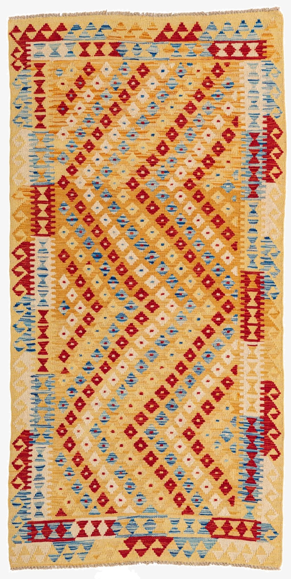  3' 4 x 6' 8  Hand Woven Kilim Maymana Wool Runner Rug