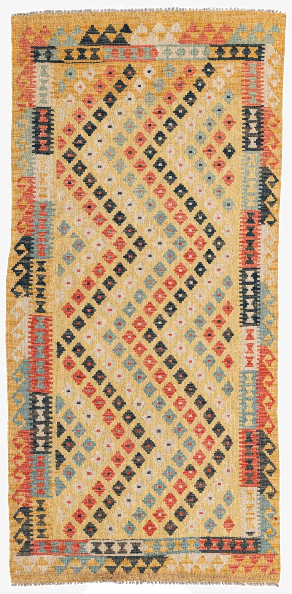  3' 3 x 6' 10  Hand Woven Kilim Maymana Wool Runner Rug