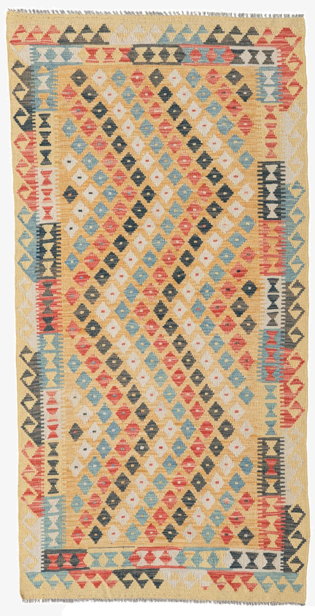  3' 4 x 6' 7  Hand Woven Kilim Maymana Wool Runner Rug