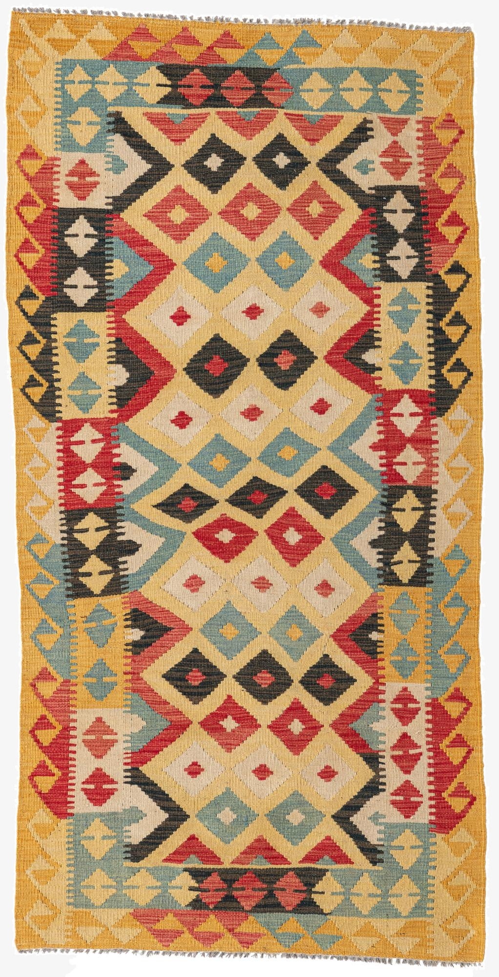  3' 4 x 6' 8  Hand Woven Kilim Maymana Wool Runner Rug