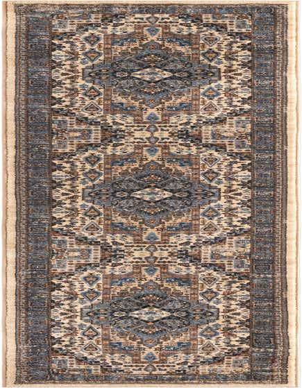 A 10 ft runner rug featuring a detailed traditional pattern in shades of brown, tan, ivory, and blue, ideal for a hallway.