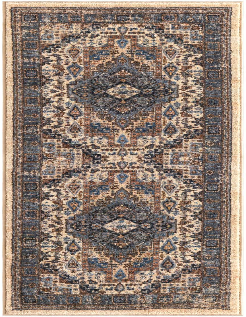 A 5 ft runner rug with a traditional medallion pattern in shades of brown, tan, ivory, and blue, perfect for a hallway.