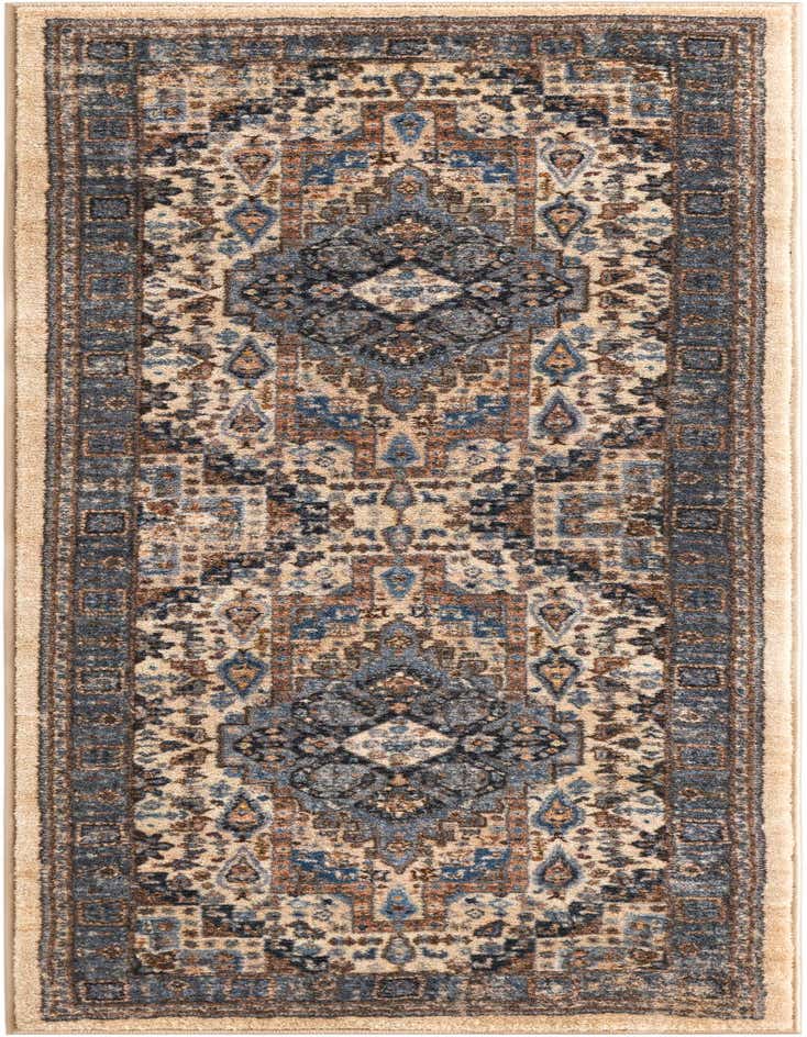 A 6 ft runner rug featuring a distressed traditional pattern in shades of brown, ivory, and blue, ideal for a hallway.