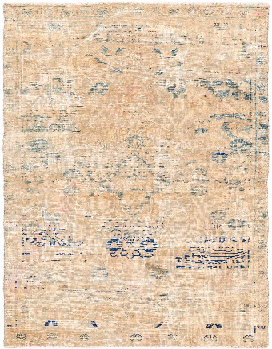 A 7 ft runner rug in tan and ivory with faded blue Persian and medallion patterns, ideal for a hallway.