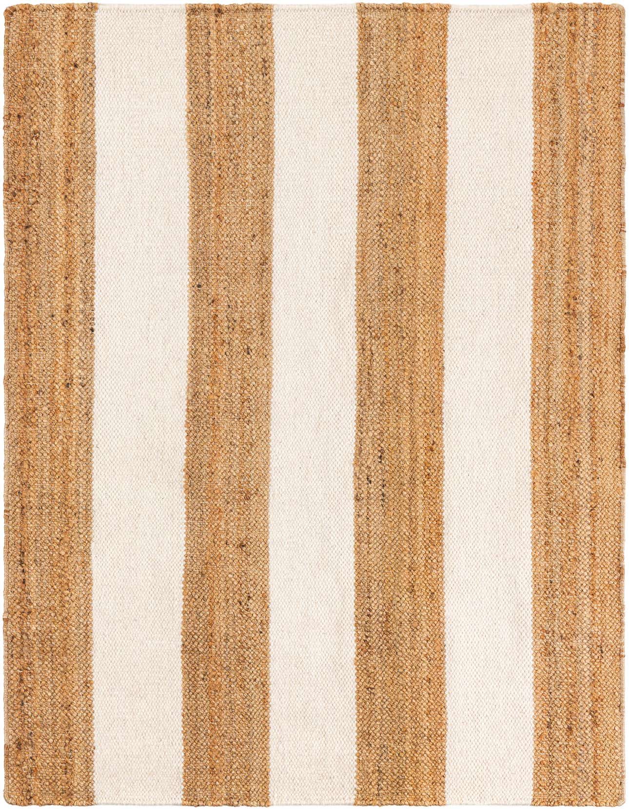 A 4x6 rectangular Jill Zarin Hamptons rug with wide alternating stripes of natural jute and cream wool, perfect for an office or living room.