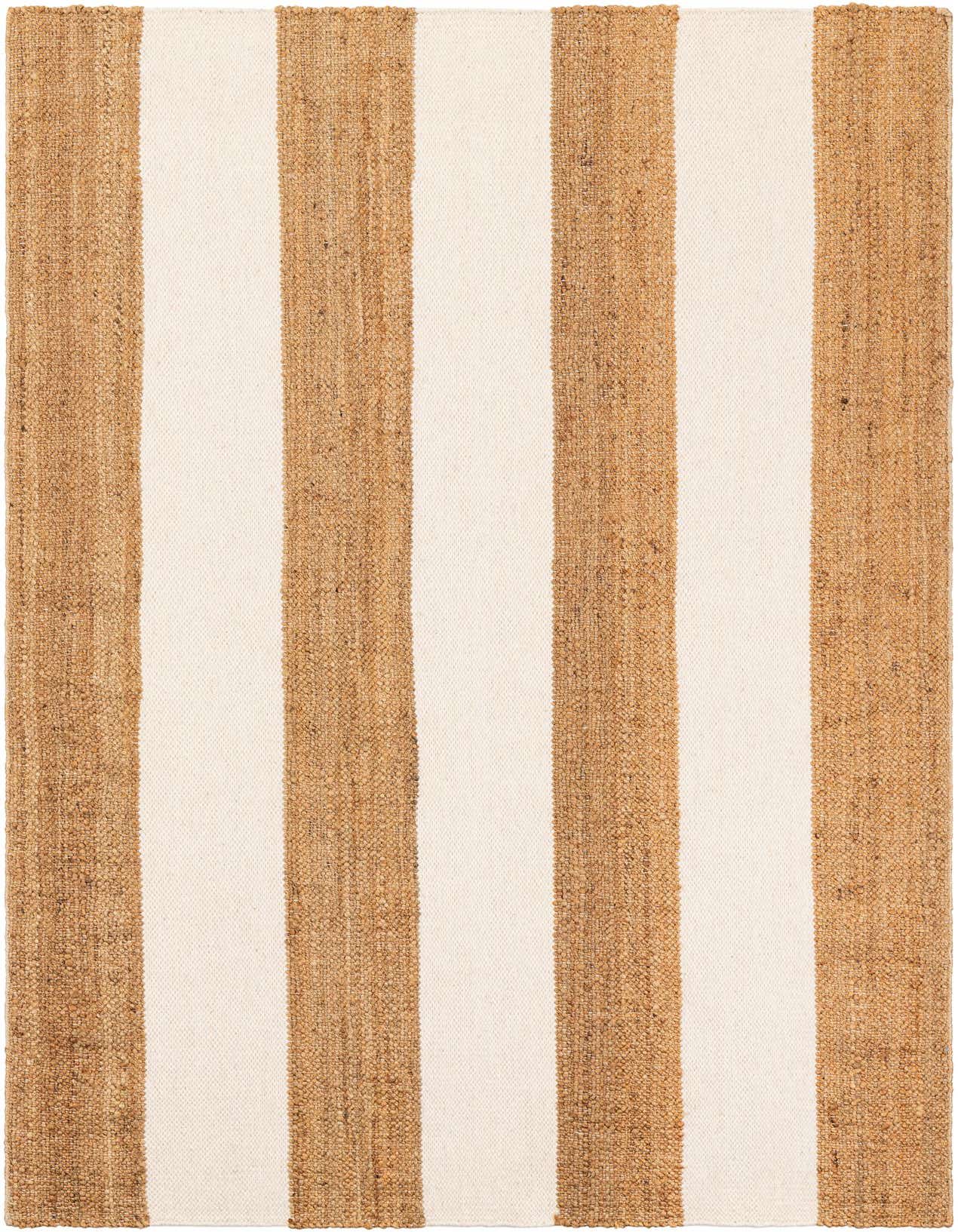 A 5x8 rectangular Jill Zarin Hamptons rug with wide alternating stripes of natural tan jute and cream wool, showcasing its textured, handmade quality.