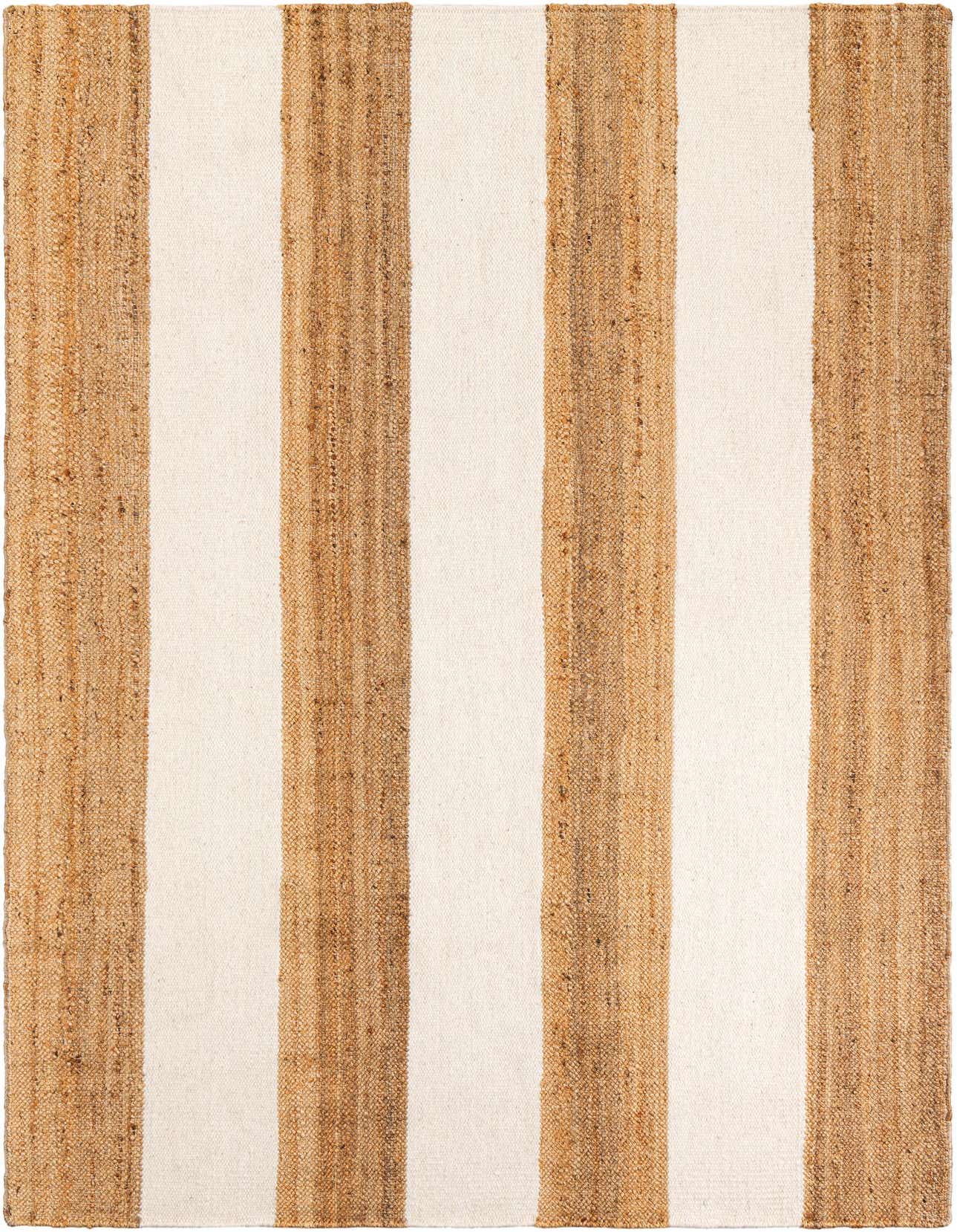 A 6x9 rectangular Rugs.com Jill Zarin Hamptons rug featuring wide alternating stripes of natural jute and ivory wool, showcasing a textured, coastal modern design.