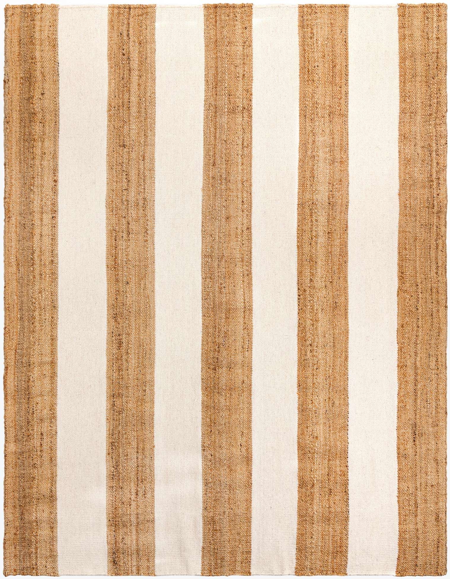 An 8x10 rectangular Jill Zarin Hamptons rug featuring wide vertical stripes in natural jute brown and ivory wool.