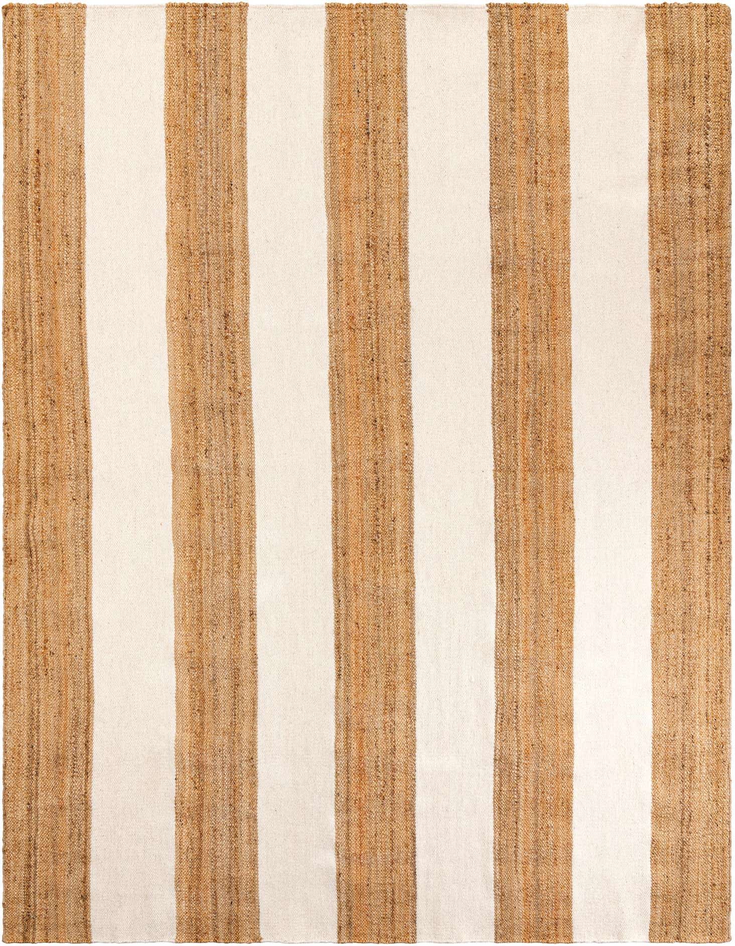 A 9x12 rectangular Jill Zarin Hamptons rug featuring wide vertical stripes of natural brown jute alternating with ivory wool, showcasing its textured, handmade quality.
