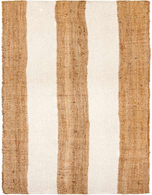 A 10 ft runner rug with alternating wide stripes of natural brown jute and creamy ivory wool, ideal for a hallway.