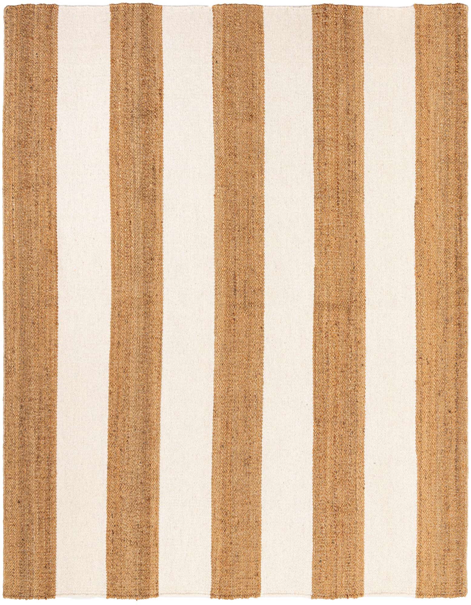 A square 7'10" x 7'10" Jill Zarin Hamptons rug with wide alternating stripes of natural jute and creamy ivory wool.