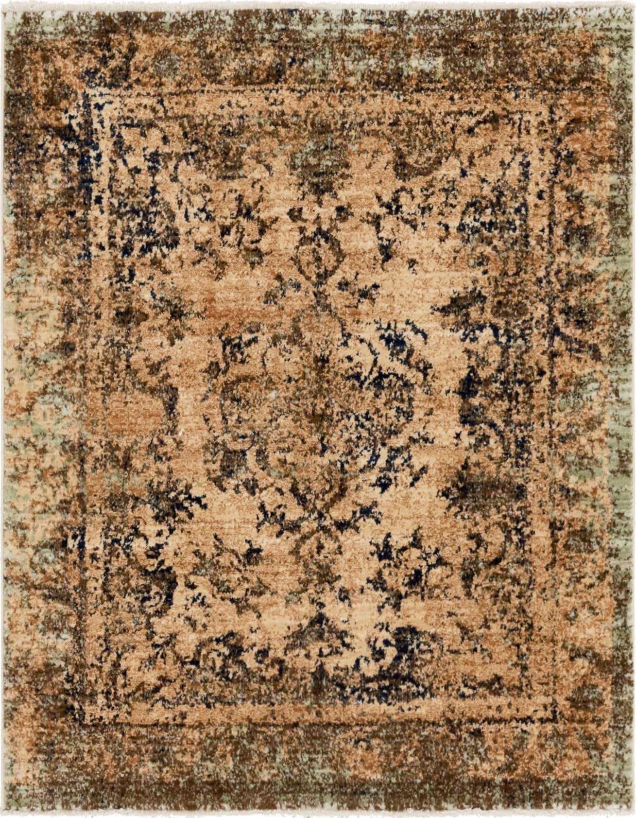 A 4' 5 x 4' 5 square Charlestown rug featuring a distressed traditional medallion pattern in browns, tans, and ivories.