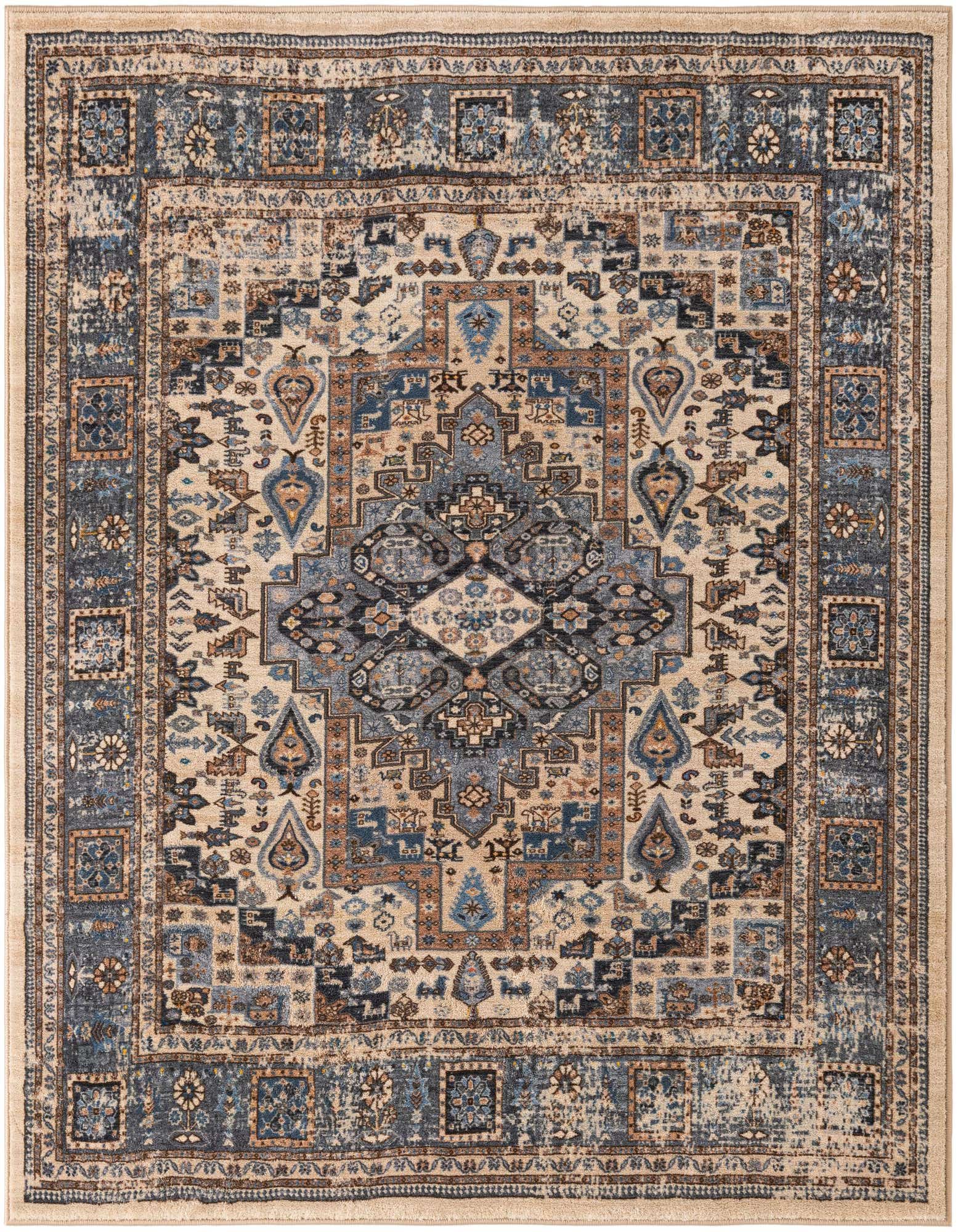 A 5'3" x 5'3" square Medina rug featuring a distressed traditional pattern in shades of blue, brown, and cream.