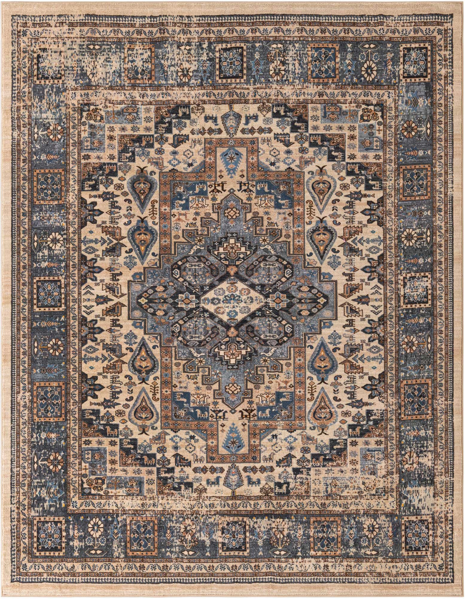 A square Medina collection rug with a distressed traditional pattern in shades of brown, tan, ivory, and cream.