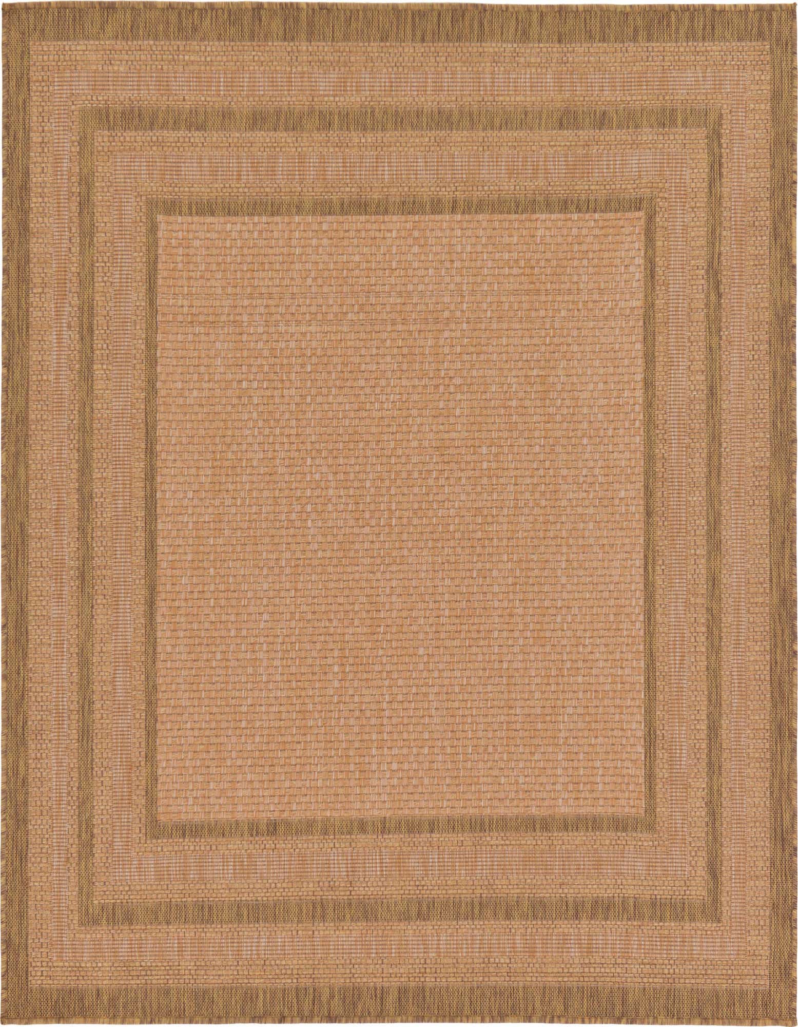 A 6'x6' square indoor/outdoor rug with a modern, solid tan and brown border design, featuring a flatweave texture.