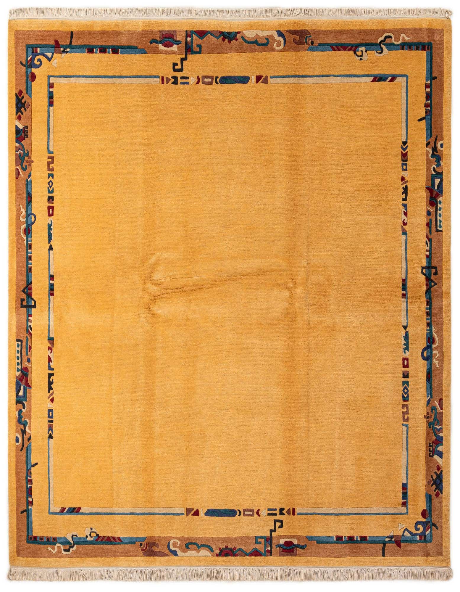 A square 8' 2 x 8' 4 modern wool rug with a solid golden tan center and an intricate brown and blue border.