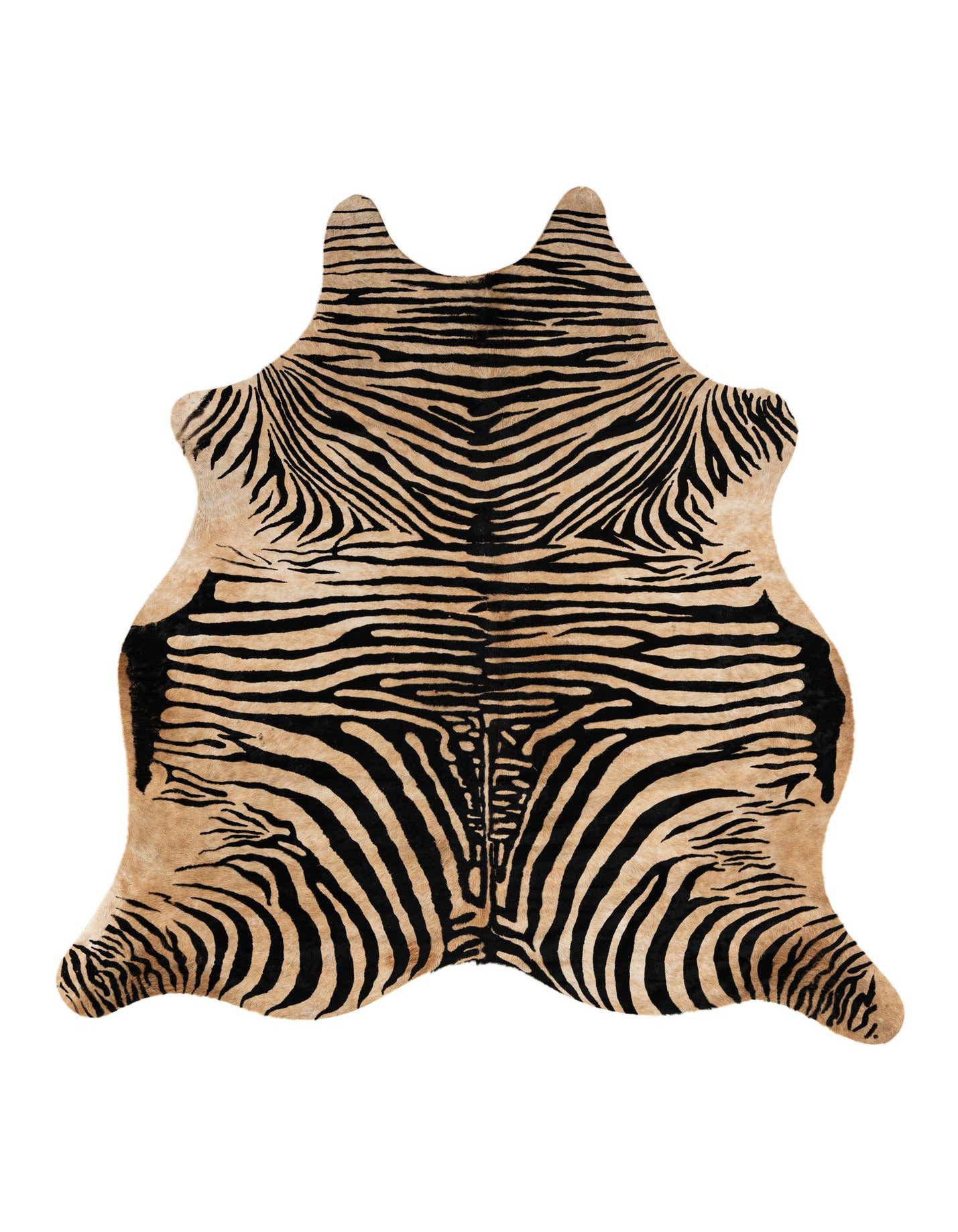 A freeform 6' 6 x 7' 0 cowhide rug featuring a bold black and tan zebra print pattern.