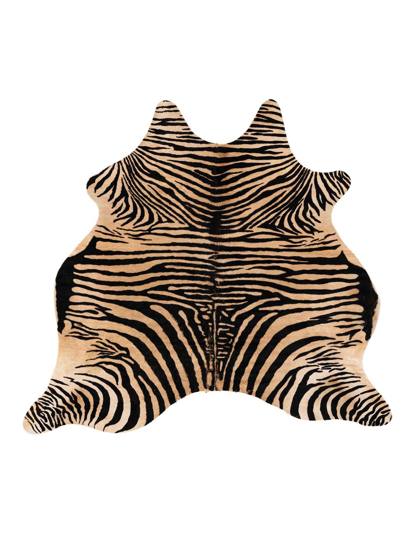 A 6'4" x 6'5" freeform cowhide rug with a modern zebra print in black and tan colors.