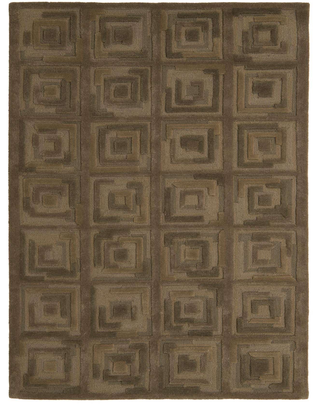 A 5x8 rectangular Luna Collection rug in taupe gray wool, featuring a modern geometric square pattern.
