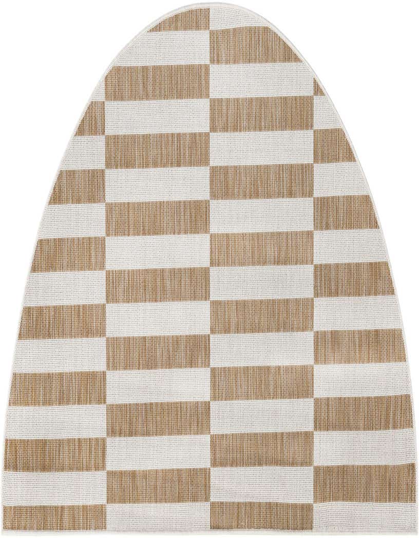 A 3'x6' hearth-shaped rug featuring alternating horizontal stripes of brown/tan and ivory/cream, suitable for indoor/outdoor use.