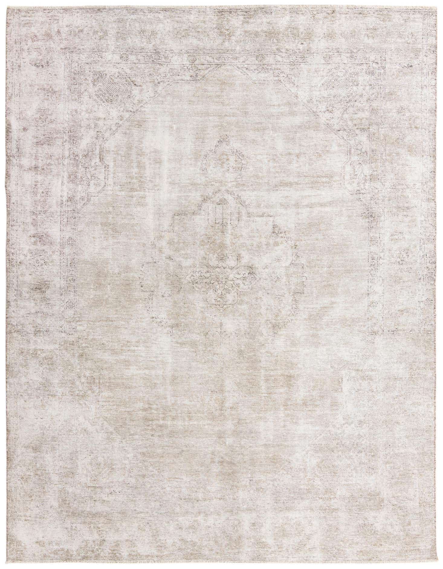 A 7x10 rectangular ivory and cream wool rug with a faded Persian medallion pattern, suitable for a living room.