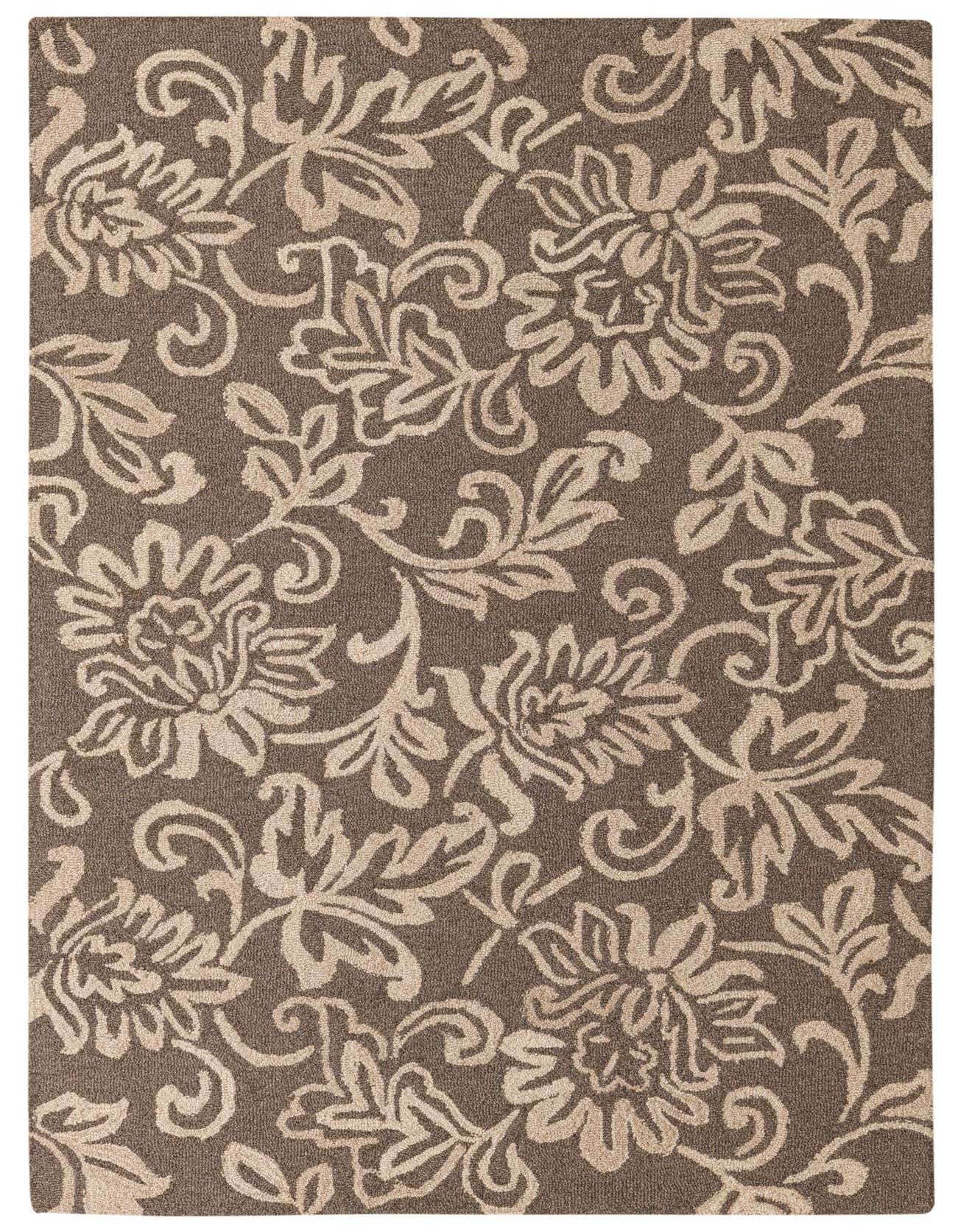 A 5x8 rectangular brown and tan wool area rug with a modern floral and vine pattern, ideal for a living room.