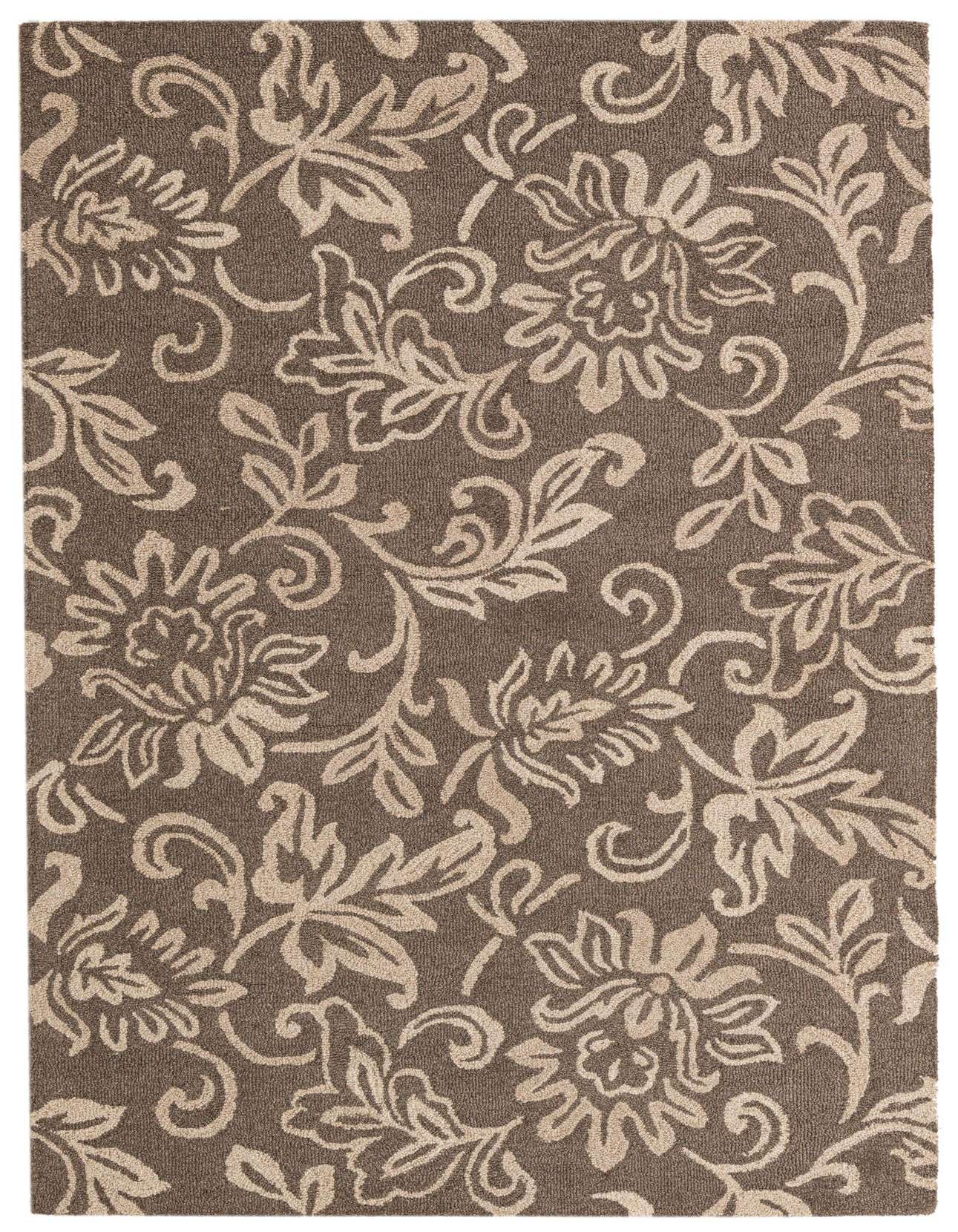 A rectangular 5x8 brown wool rug with a high pile, featuring an abstract pattern of tan and cream floral motifs and swirling vines.