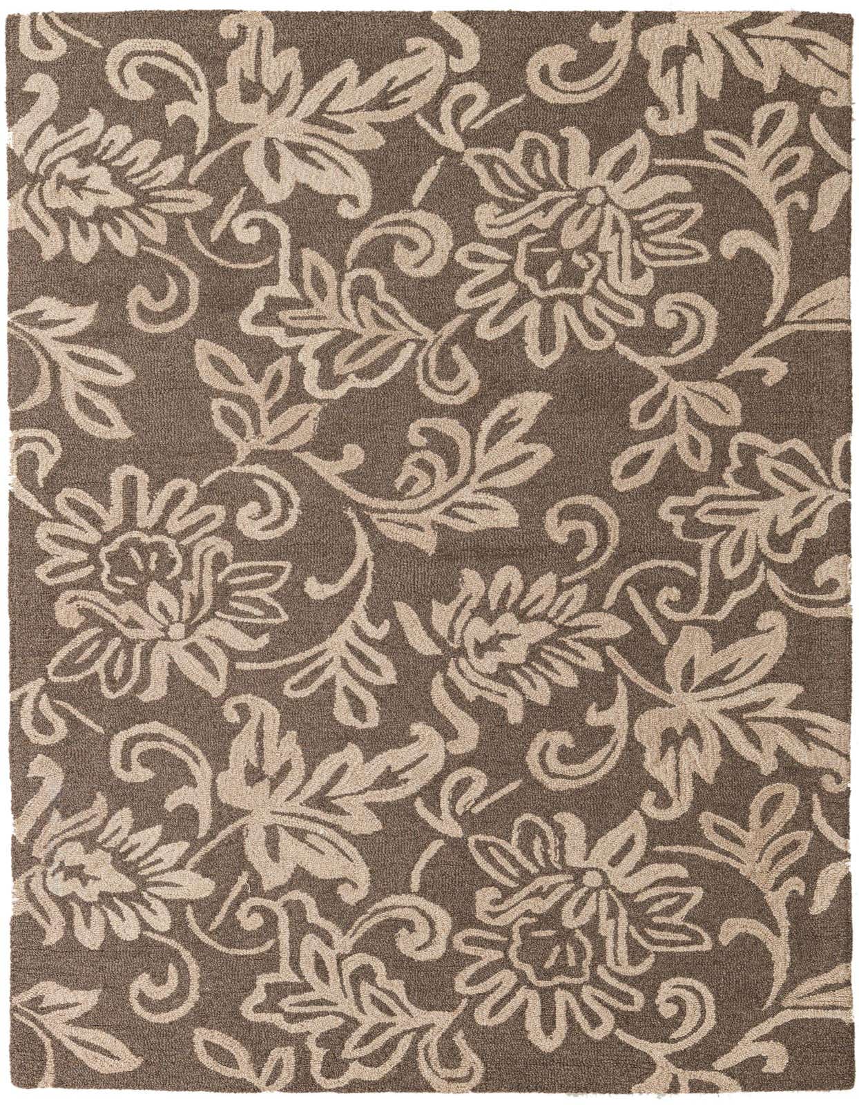 A 5x8 rectangular Agra rug with a high pile, featuring an ivory floral and botanical pattern on a brown background.