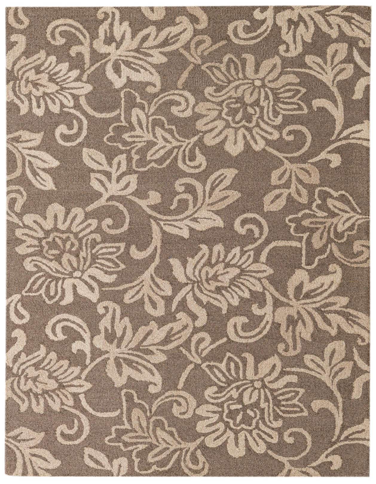 A 5x8 rectangular brown wool area rug with an ivory floral and botanical pattern, perfect for a living room.