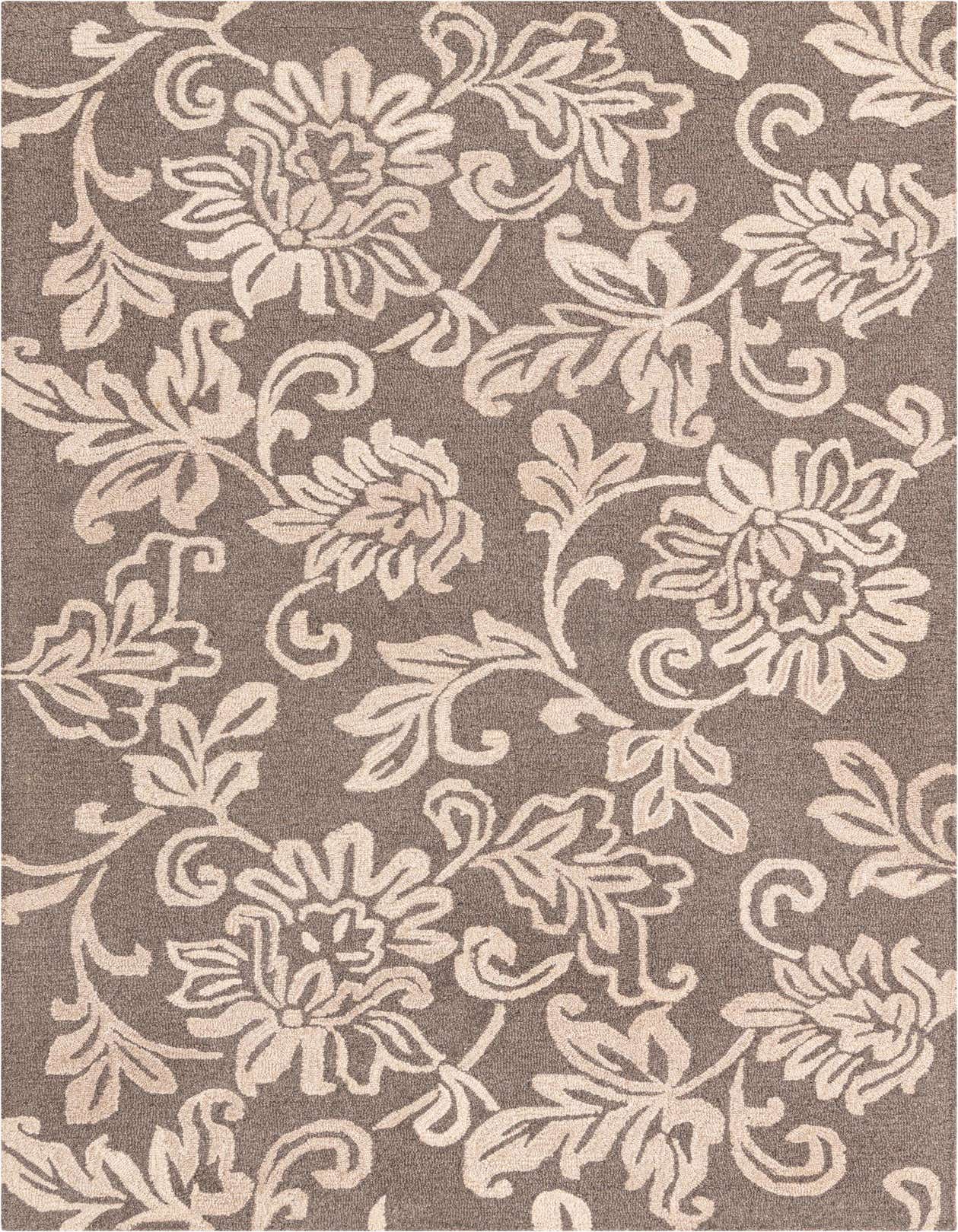 A 5x8 rectangular Agra rug with a high pile, featuring an ivory floral and botanical pattern against a brown background.