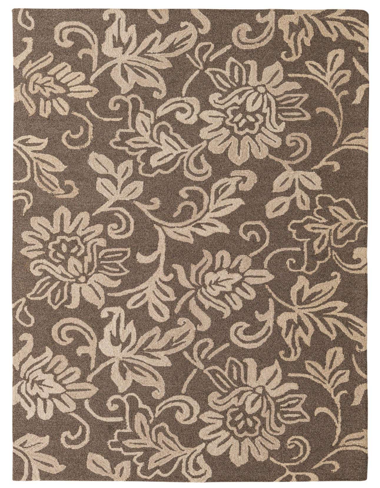 A 5x8 rectangular brown wool rug with an intricate cream and tan floral and botanical pattern, suitable for a living room.
