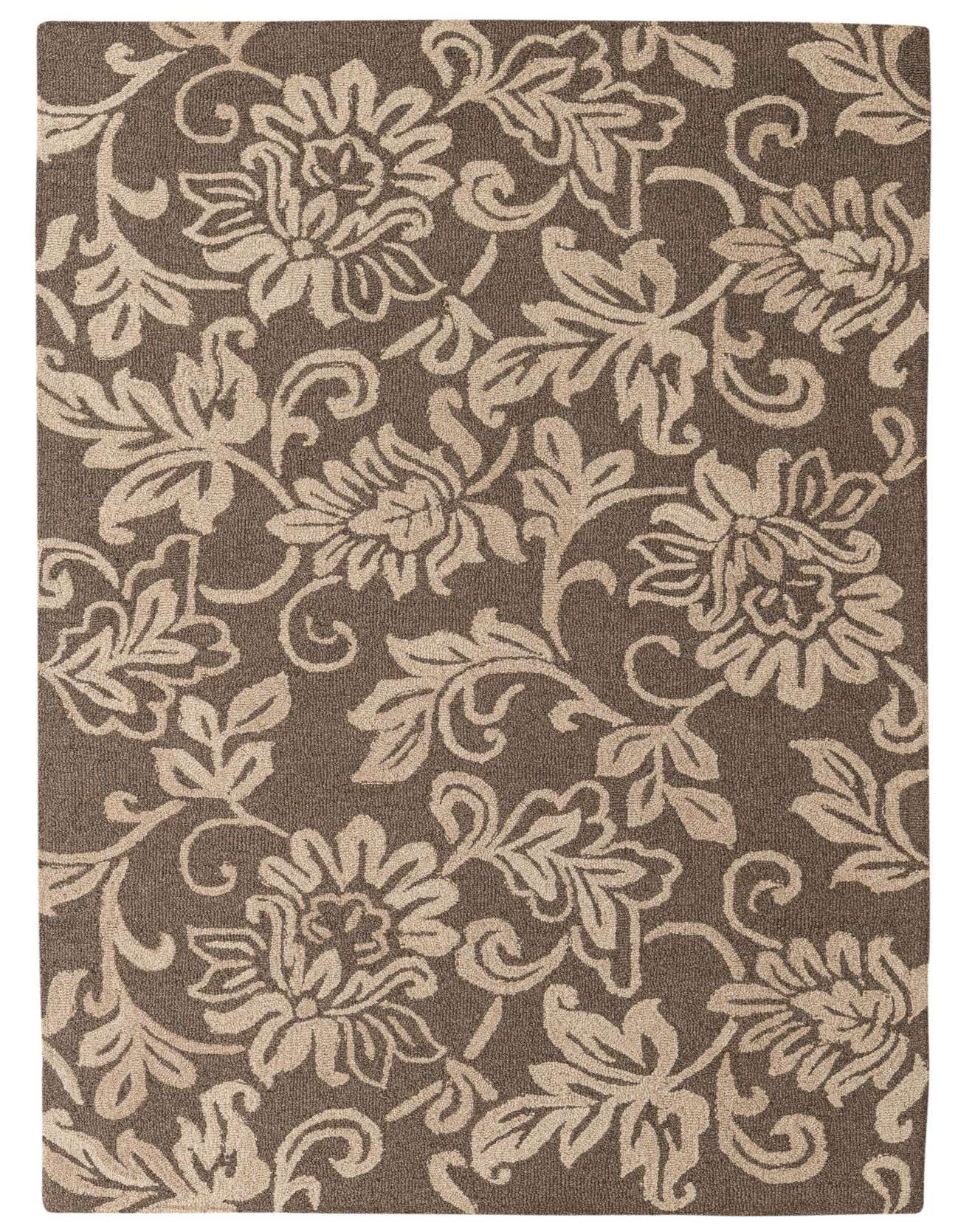 A rectangular 5x8 brown wool rug with a high pile, featuring a traditional floral pattern in light tan and cream.