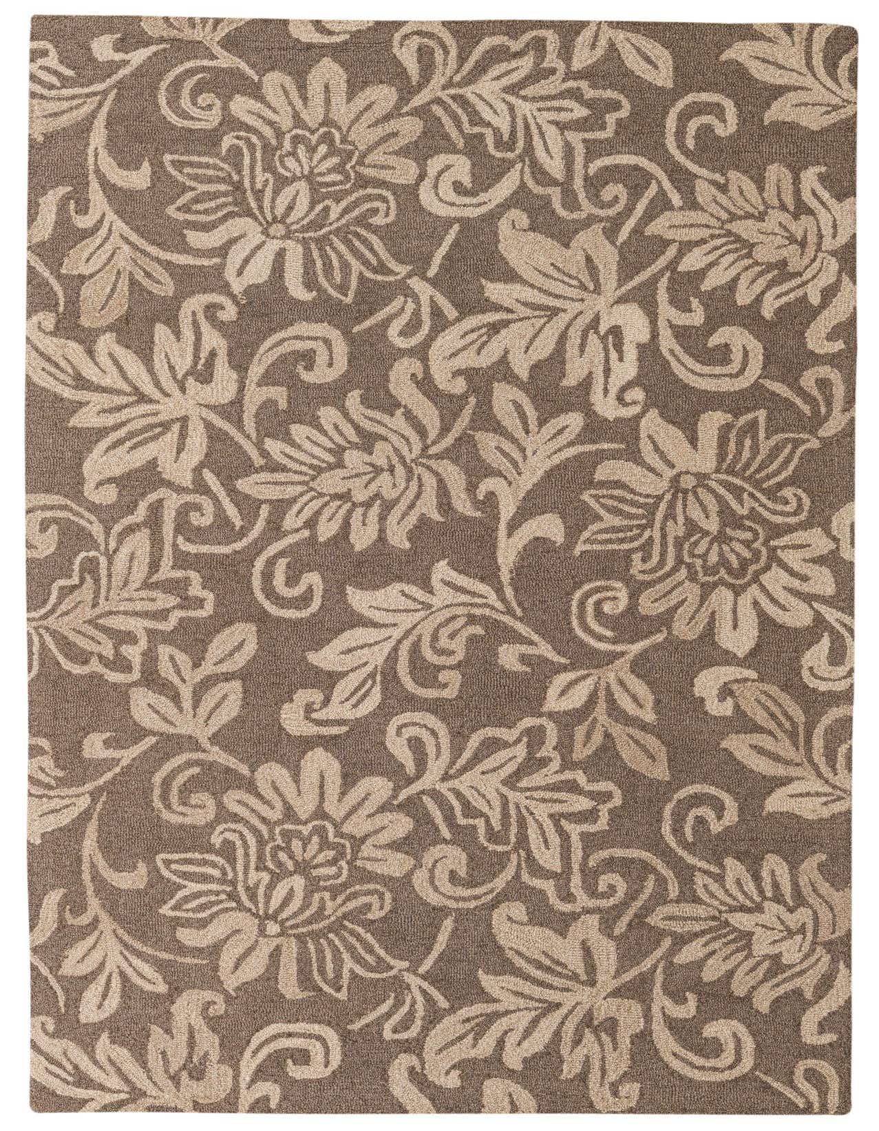 A 5x8 rectangular brown wool rug featuring an intricate traditional floral pattern in light tan and cream.