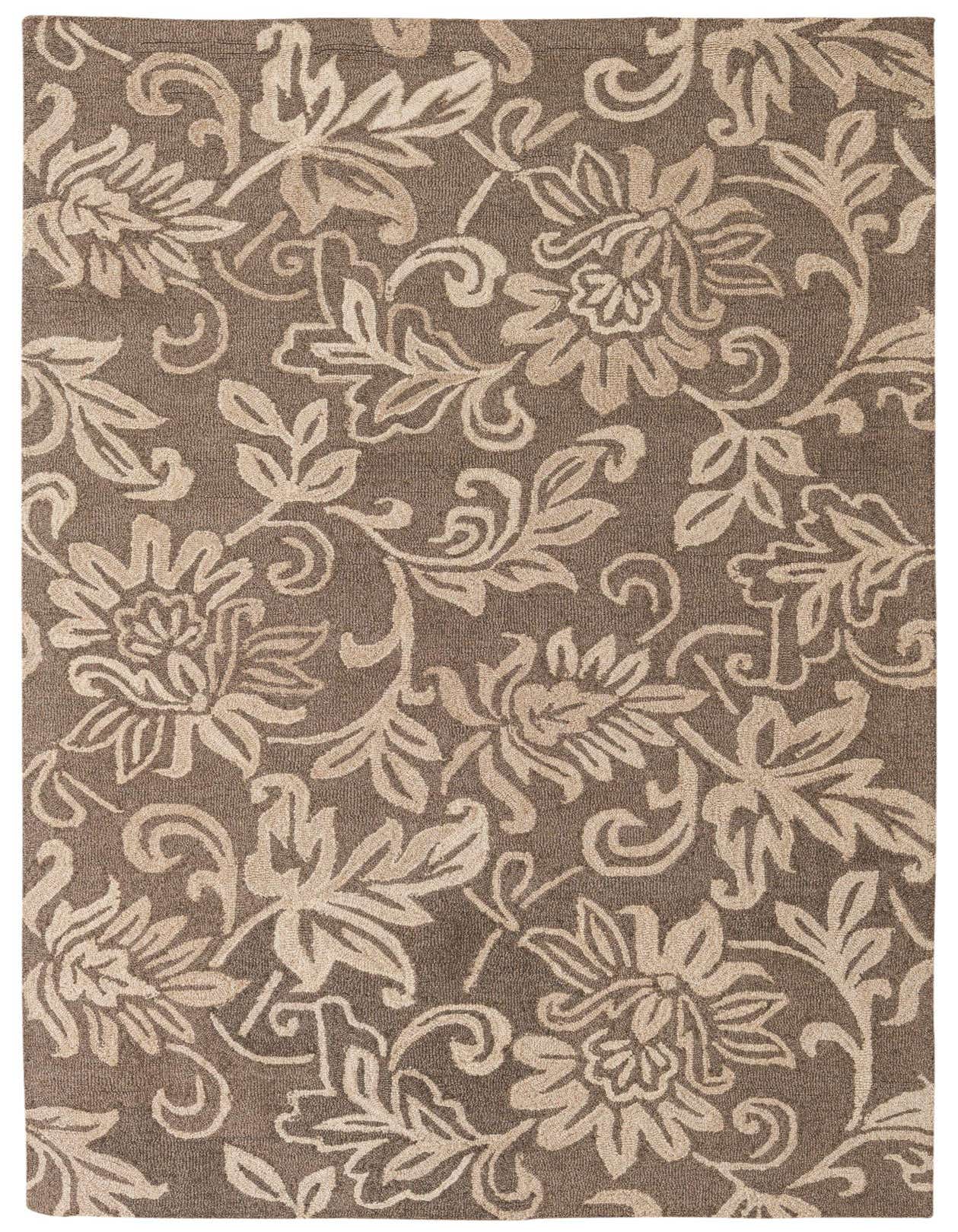 A 5x8 rectangular brown wool area rug with an intricate ivory and tan traditional floral pattern.