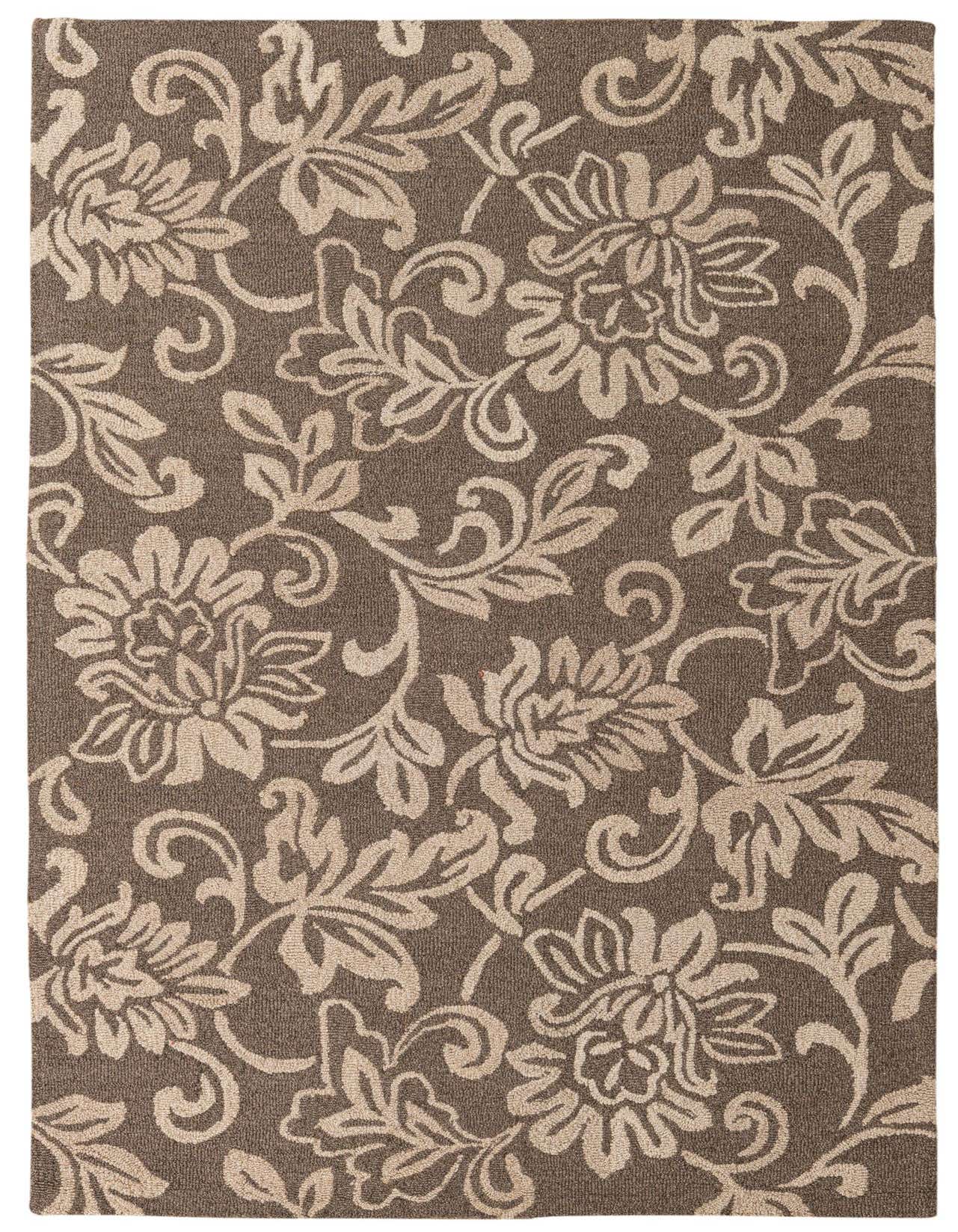 A 5x8 rectangular brown wool area rug with an intricate traditional floral pattern in light tan and cream.
