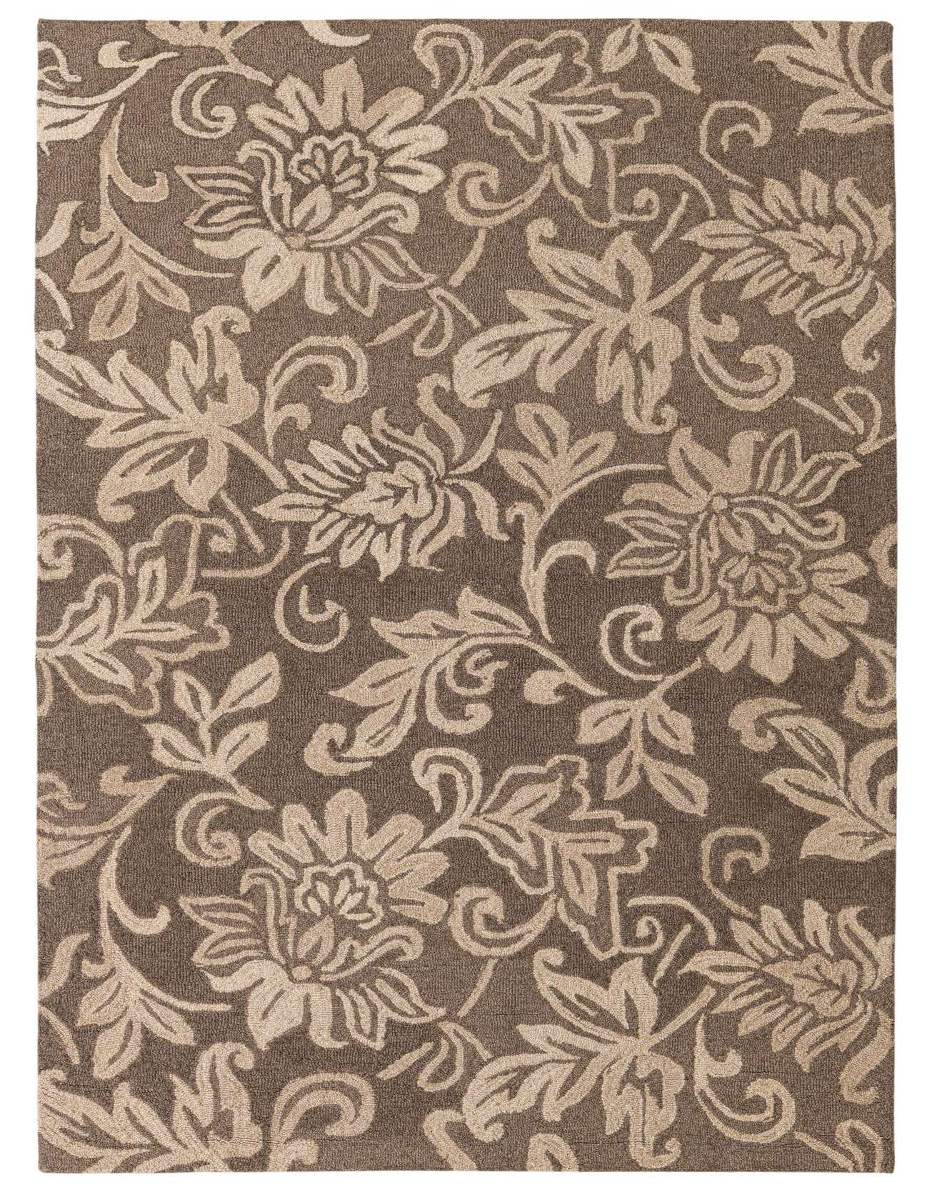 A 5x8 rectangular brown and tan wool rug with a traditional floral and vine pattern, ideal for a living room or bedroom.
