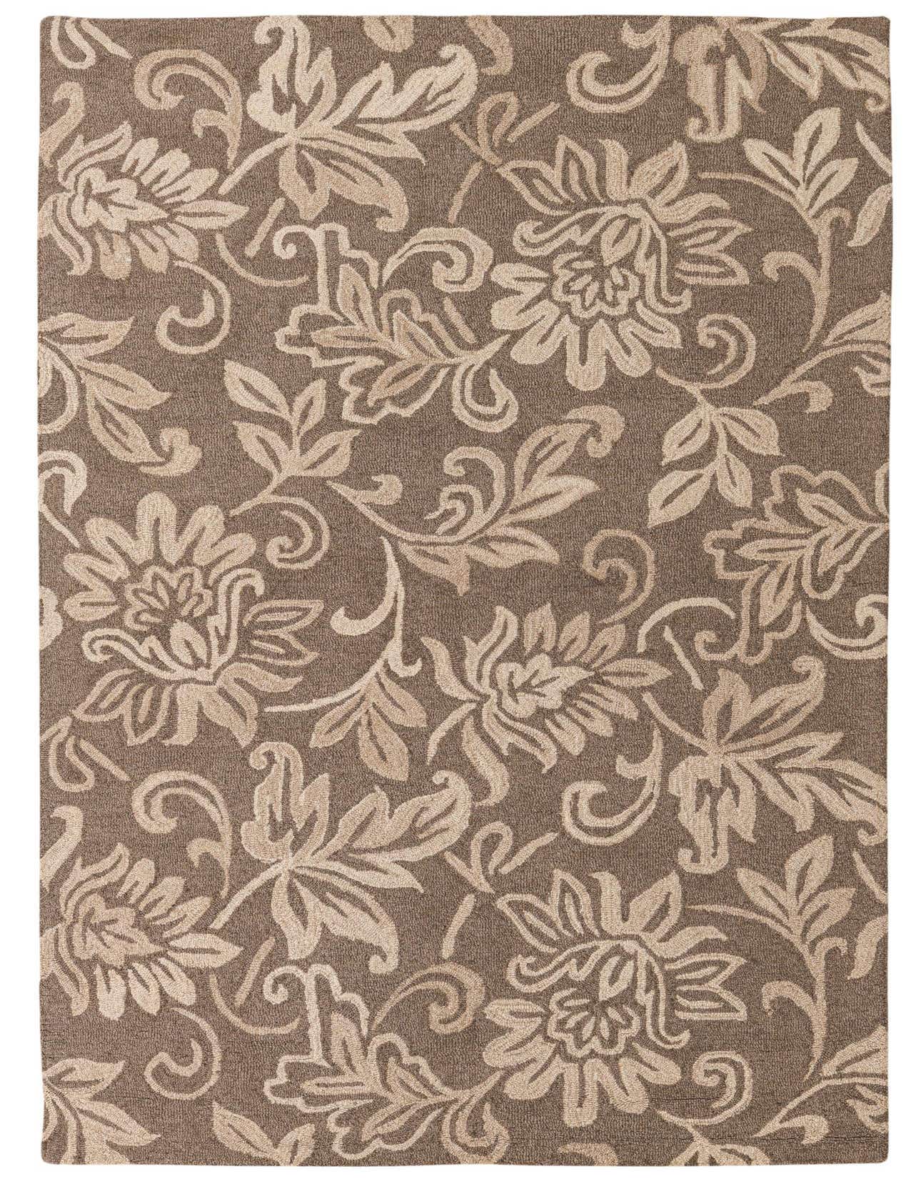 A 5x8 rectangular brown wool rug with a high pile, featuring an intricate traditional floral pattern in tan and ivory.
