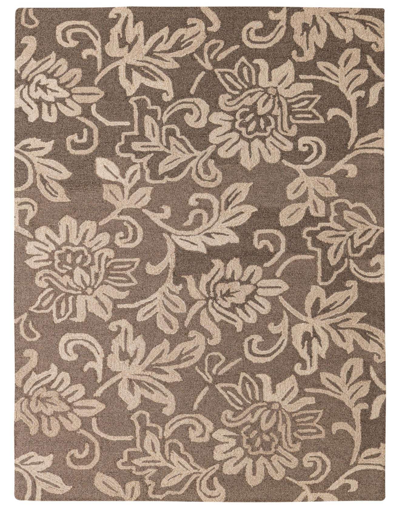 A 5x8 rectangular brown wool rug with a high pile, featuring an intricate traditional floral pattern in ivory and cream.