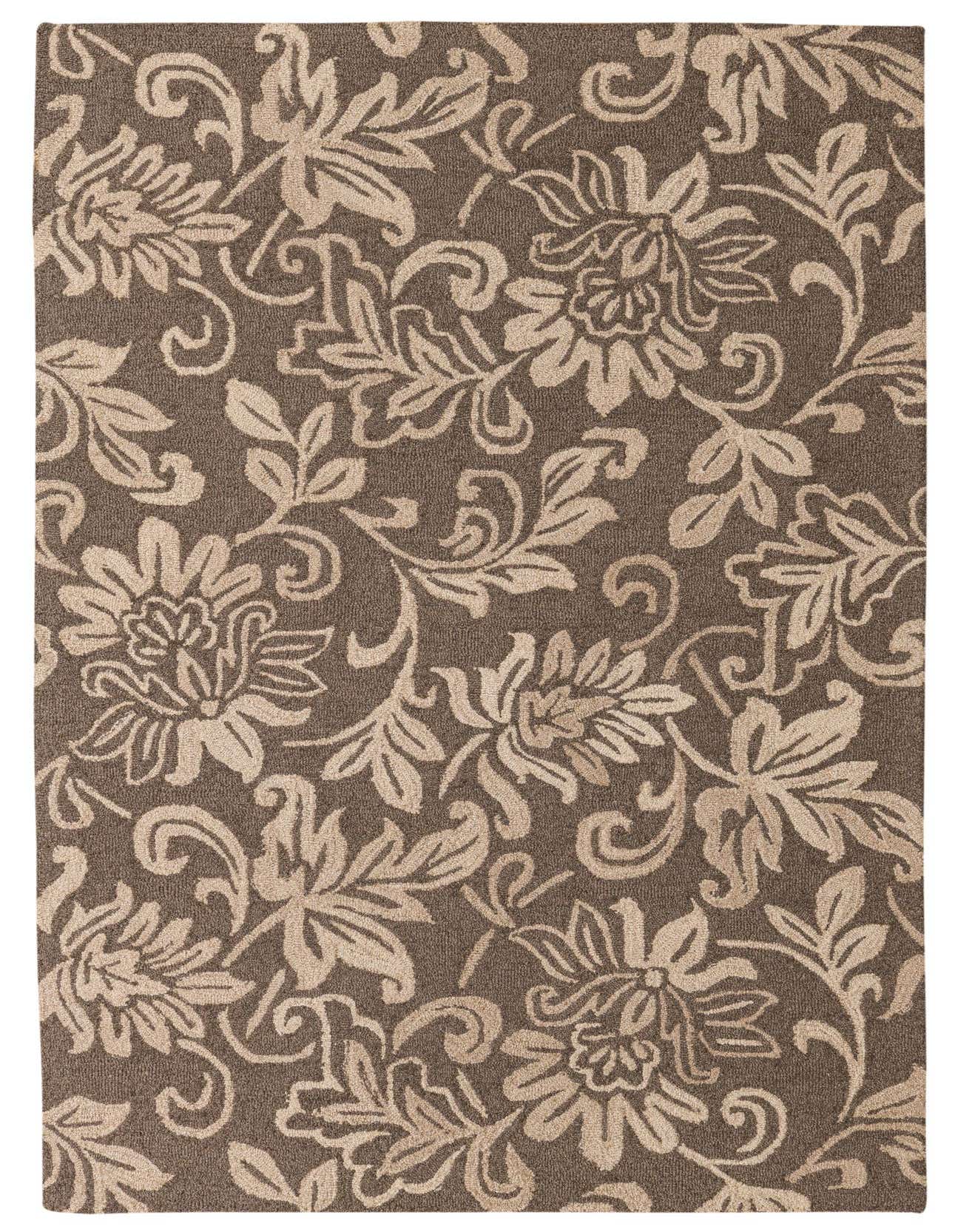 A 5x8 rectangular brown and tan wool rug with a traditional floral and vine pattern, ideal for a living room.