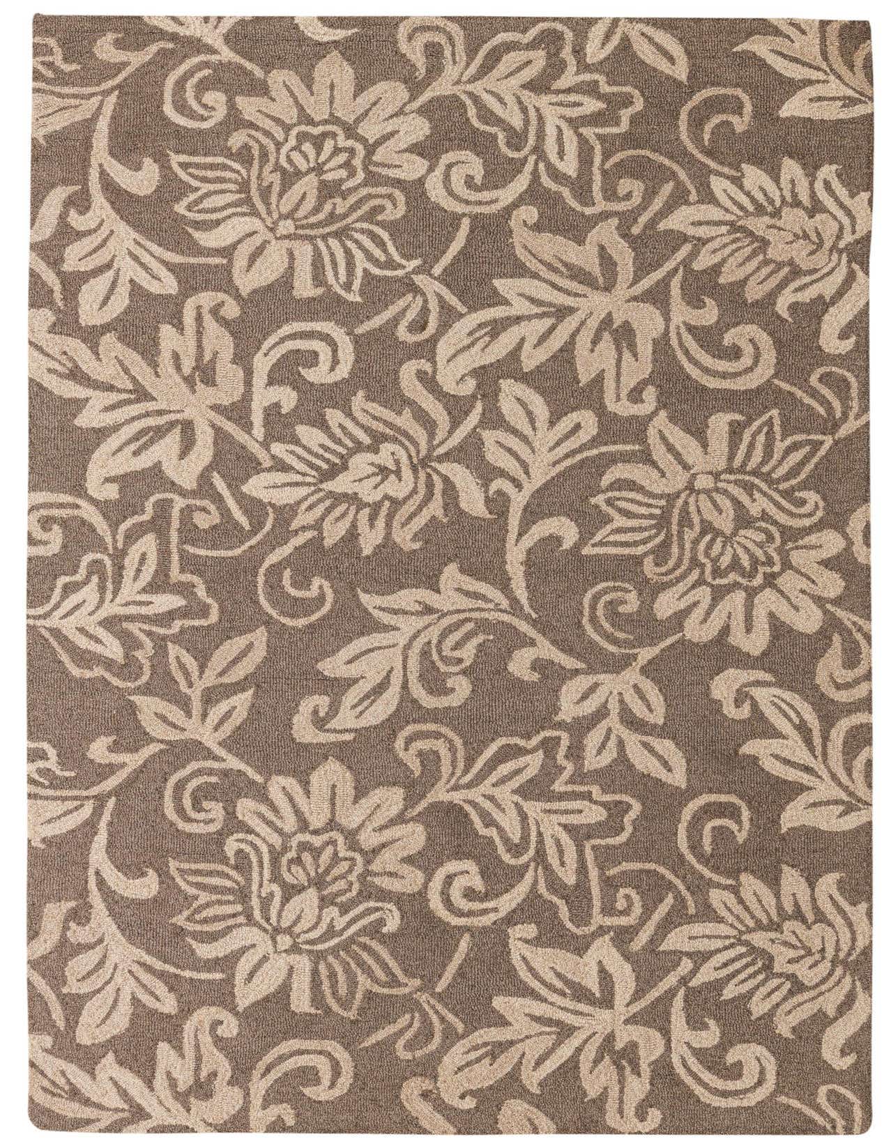 A 5x8 rectangular brown and tan traditional wool area rug with an intricate floral and vine pattern.