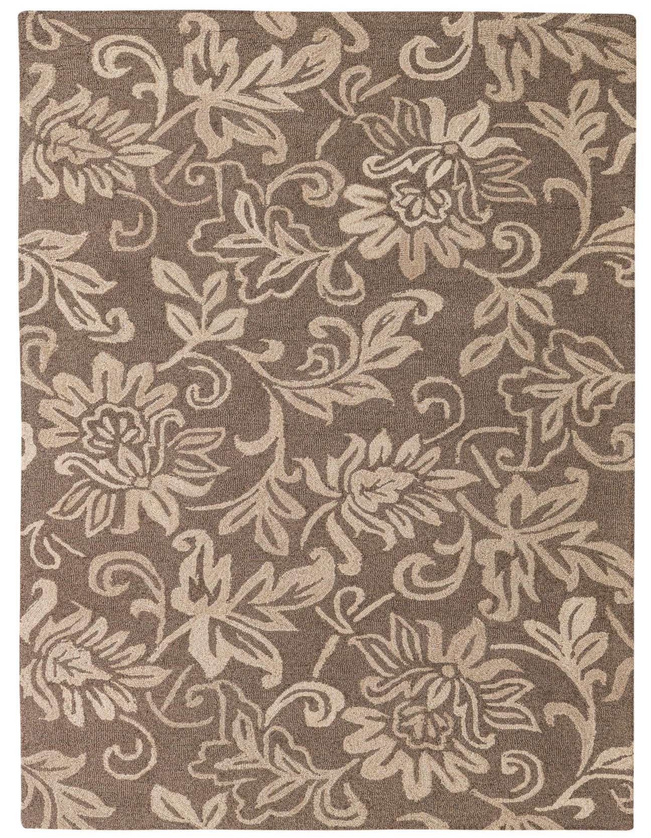 A rectangular 5x8 brown wool rug with a high pile, featuring an intricate ivory and cream traditional floral pattern.