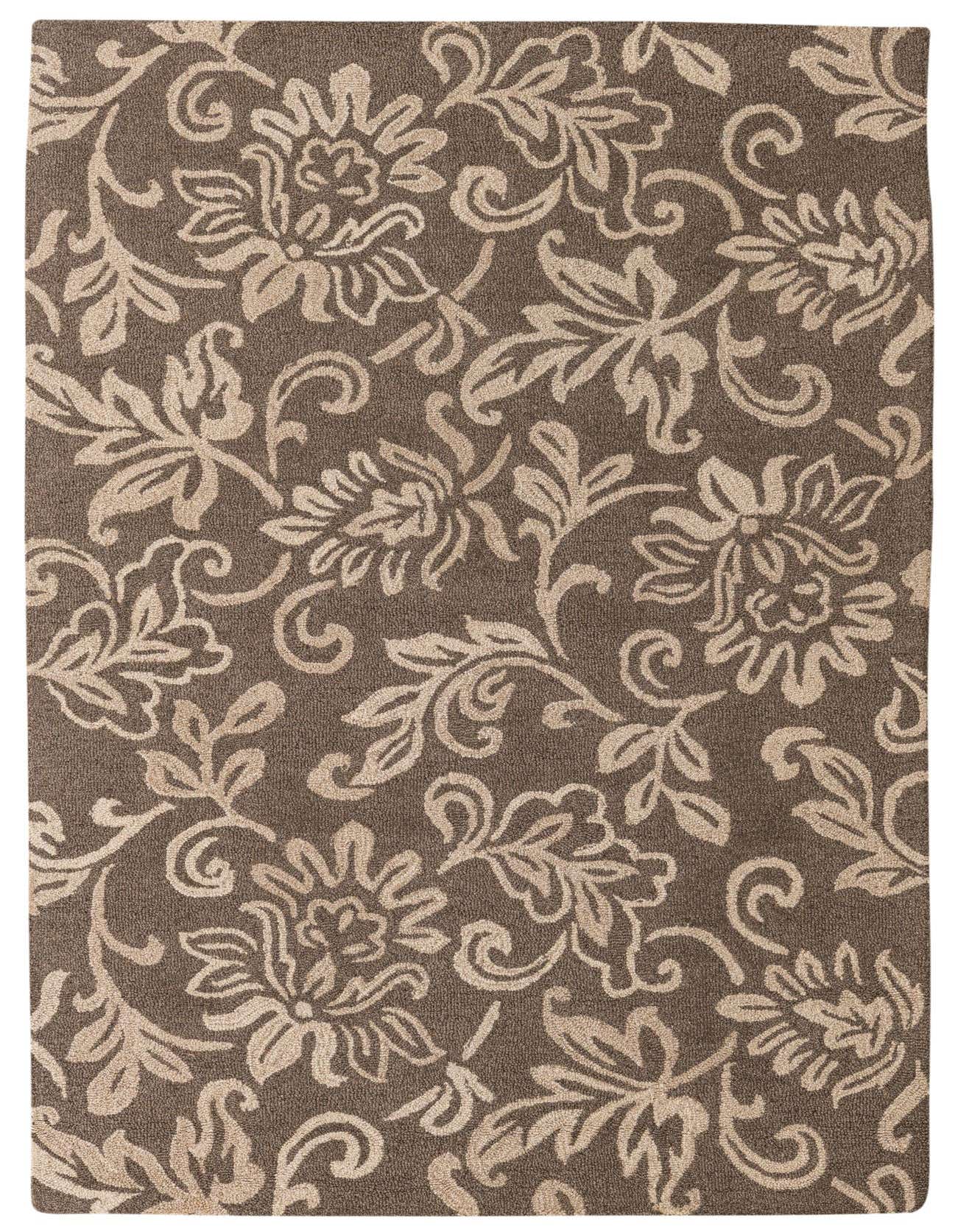 A 5x8 rectangular Agra rug by Rugs.com, featuring a high pile brown background with elegant ivory floral and botanical patterns.