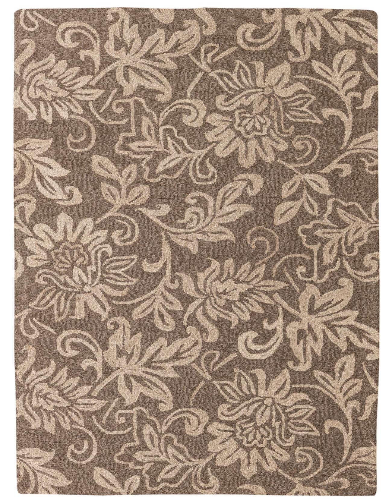A 5x8 rectangular Agra rug in brown and tan, featuring a traditional floral and vine pattern, ideal for a living room.