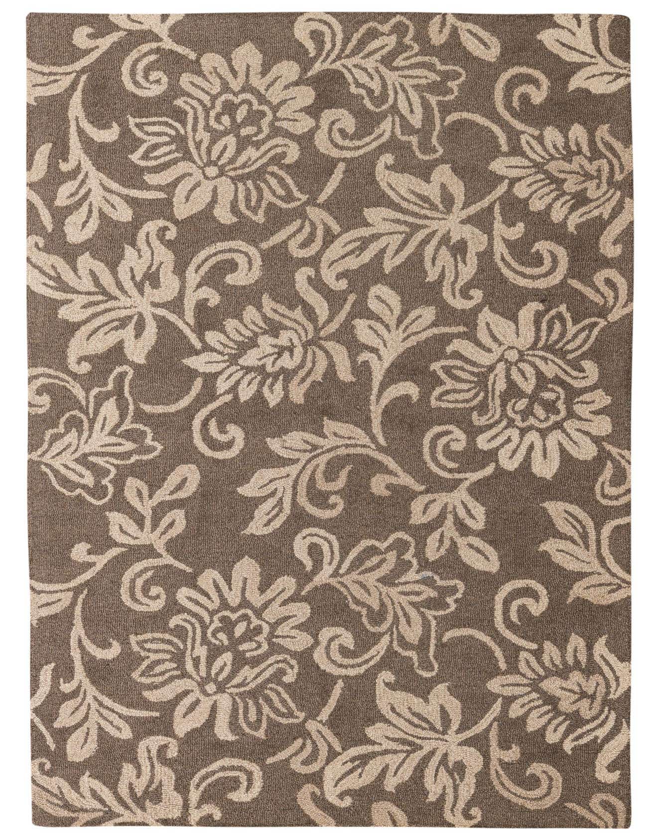 A 5x8 rectangular brown wool rug with a high pile, featuring an ivory farmhouse floral pattern.