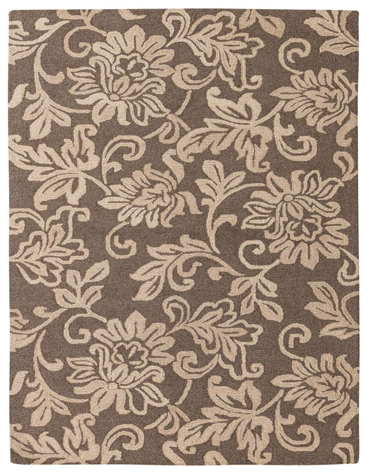 A 5x8 rectangular Agra rug in brown with an intricate traditional floral pattern in light tan and ivory.