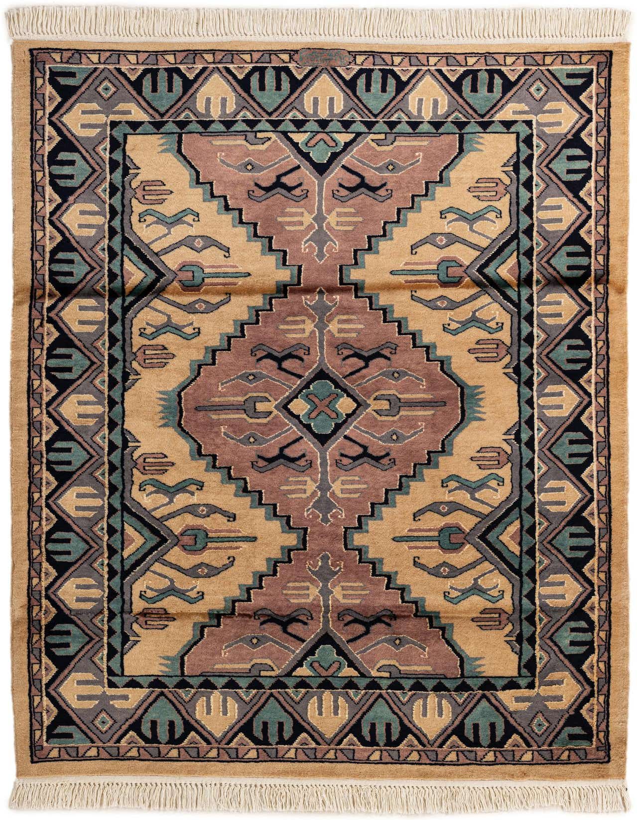 A 4x6 rectangular Bokhara tribal rug with a central medallion in browns, tans, and ivories, featuring intricate geometric patterns and a decorative border.