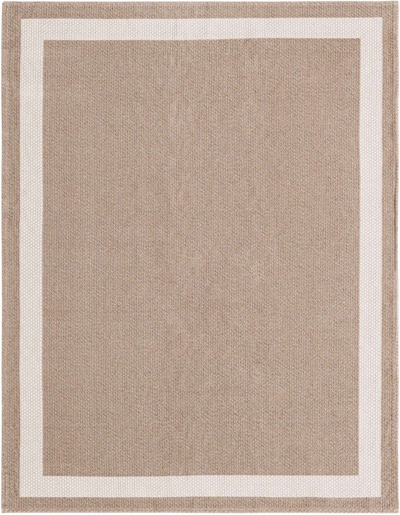 A 5x8 rectangular flatweave rug in a warm tan color with a clean ivory border, suitable for various indoor rooms.