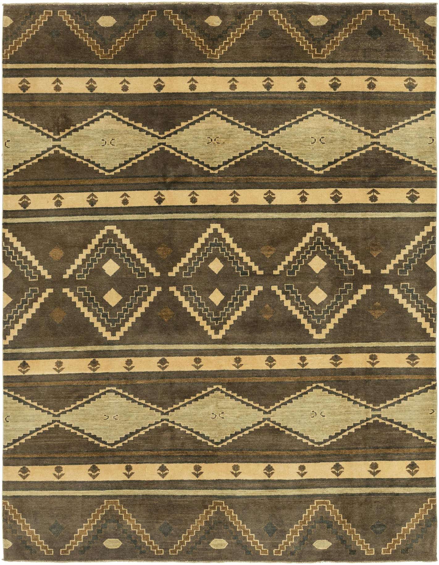A 7x10 rectangular Southwestern rug with tribal patterns in shades of brown, tan, and cream.