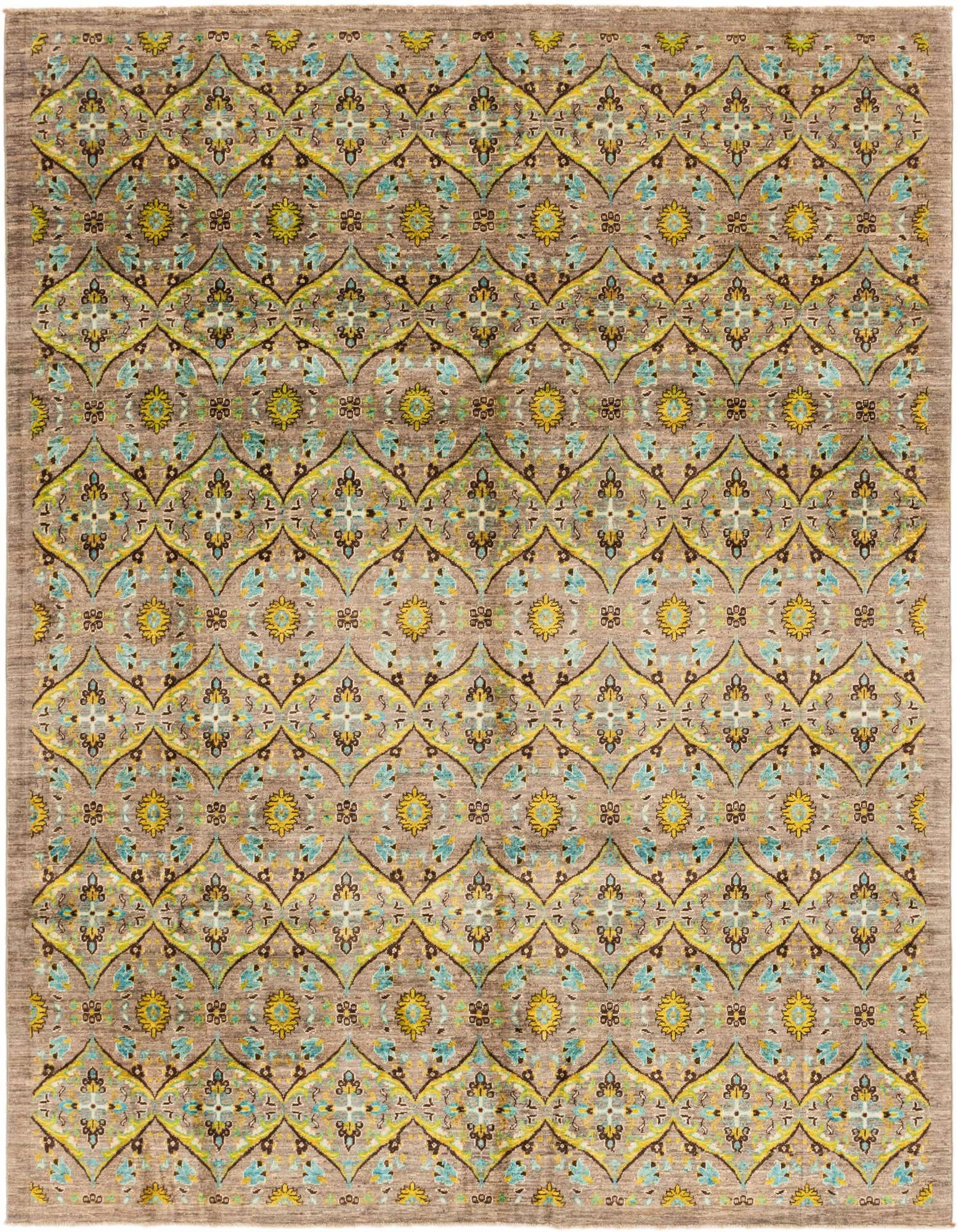 A rectangular 8x10 Ikat area rug featuring a Southwestern-inspired pattern in browns, tans, ivories, teal, and yellow.