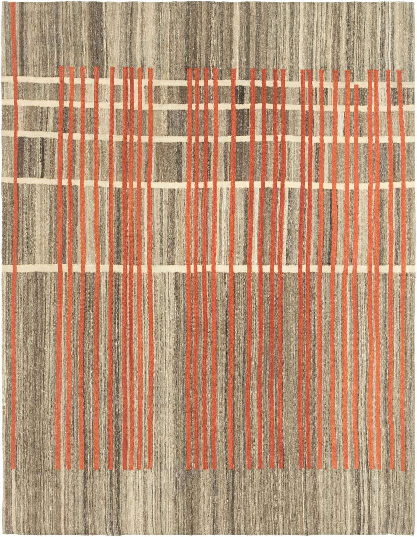 A 6x9 rectangular Kilim Modern wool rug featuring a brown and tan striped background with bold vertical orange and horizontal ivory stripes.